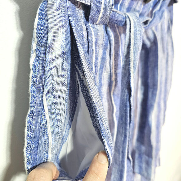 H&M Linen Blend Paperbag Skirt Minimalist Blue Stripe Button-Up Belt Sz 4 NWOT - Picture 6 of 8